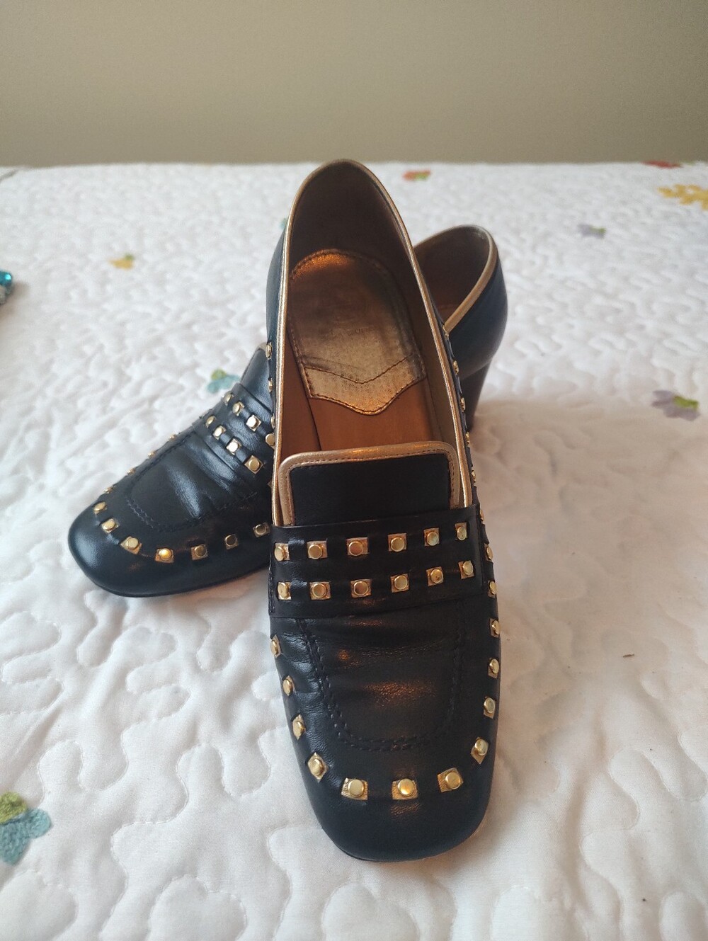 Tory Burch Black Leather Studded Loafer with Gold Accents